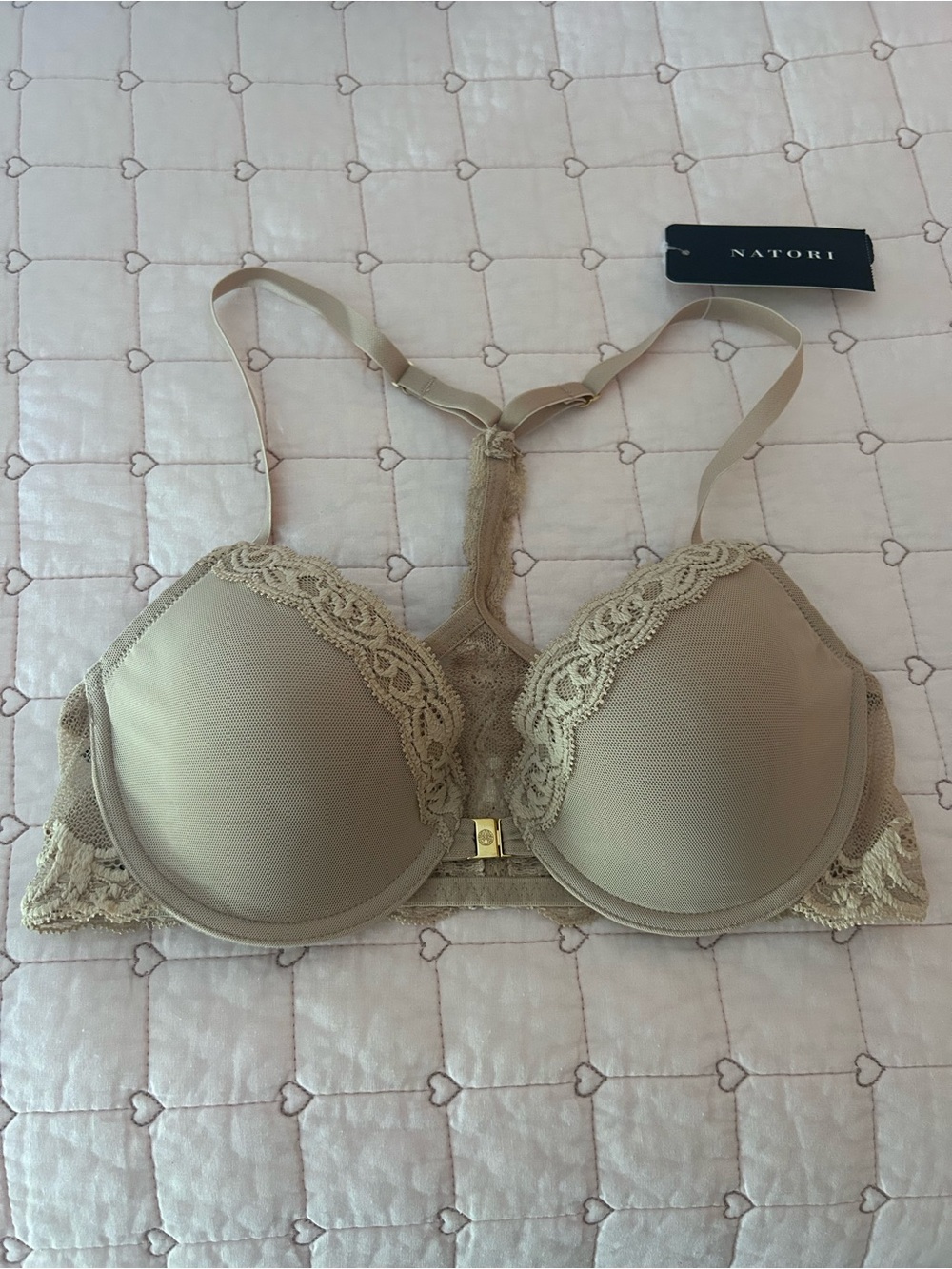 NATORI Beige Lace-Trim T-Back Close Front Bra
